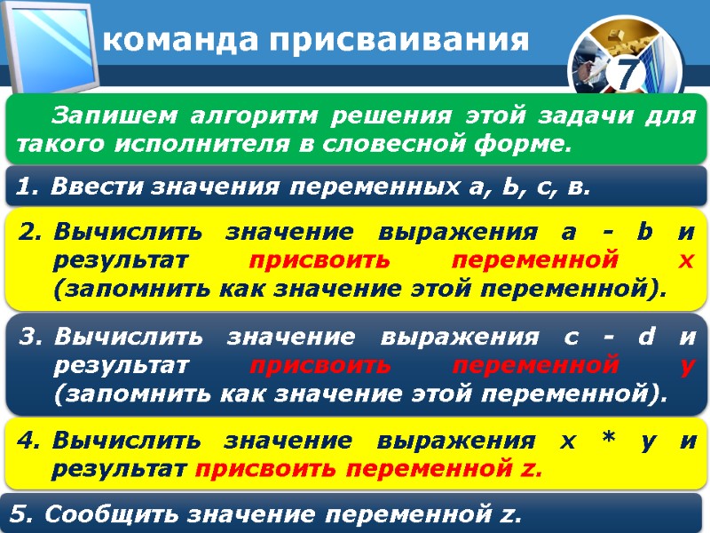 команда присваивания Запишем алгоритм решения этой задачи для такого исполнителя в словесной форме. Ввести команда присваивания Запишем алгоритм решения этой задачи для такого исполнителя в словесной форме. Ввести